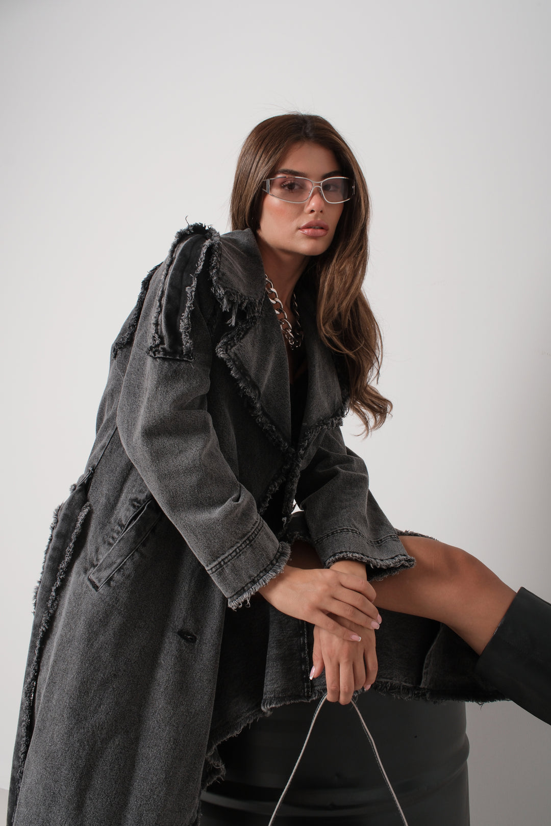 Tassel Detail Grey Denim Trench Coat 