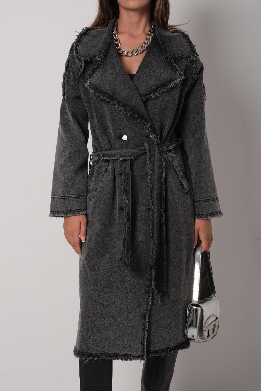 Tassel Detail Grey Denim Trench Coat 