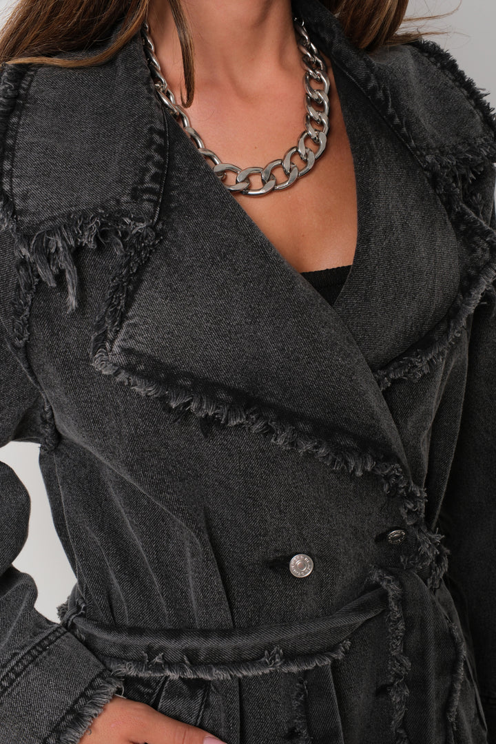 Tassel Detail Grey Denim Trench Coat 