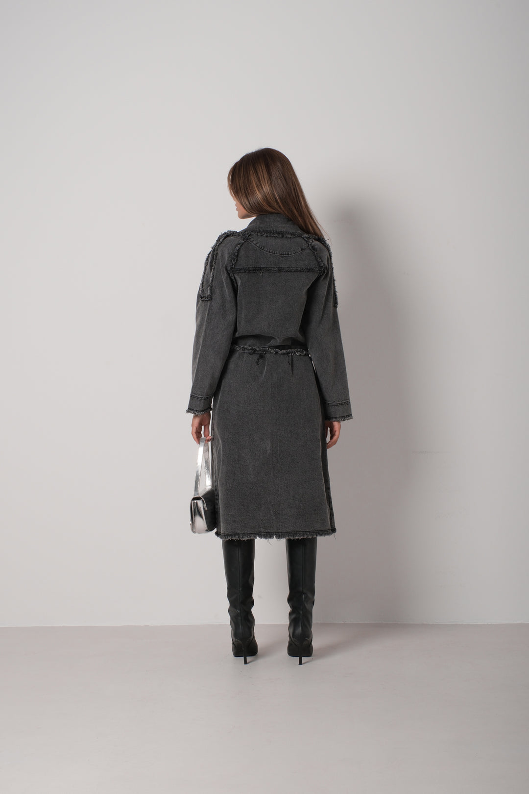 Tassel Detail Grey Denim Trench Coat 