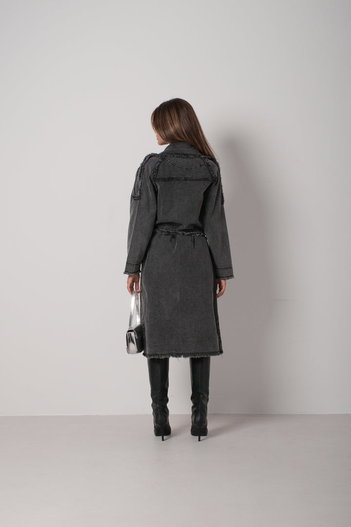 Tassel Detail Grey Denim Trench Coat 