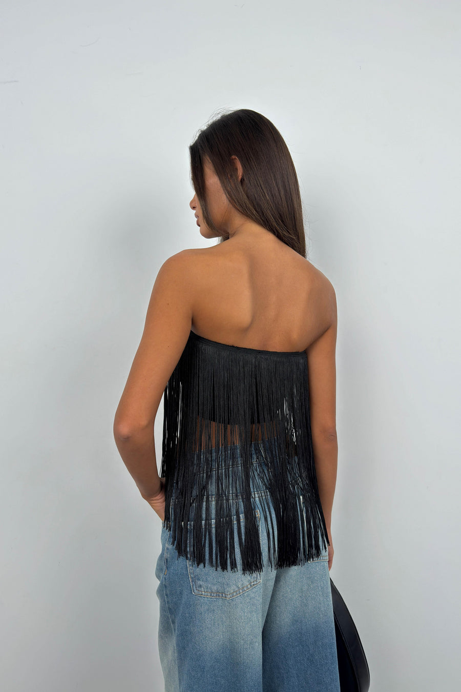 Tassel Detail Black Strapless Blouse 