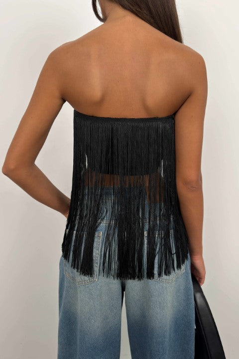 Tassel Detail Black Strapless Blouse 