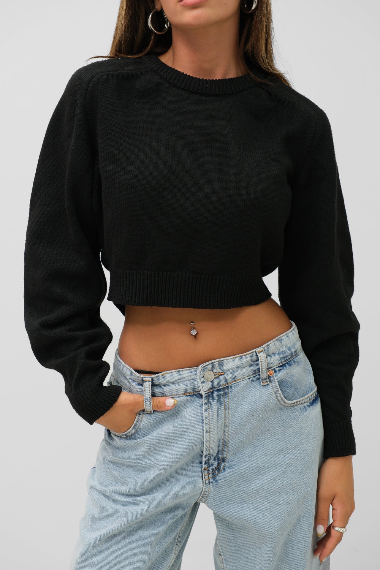 Raglan Sleeve Crop Black Knitwear Sweater 