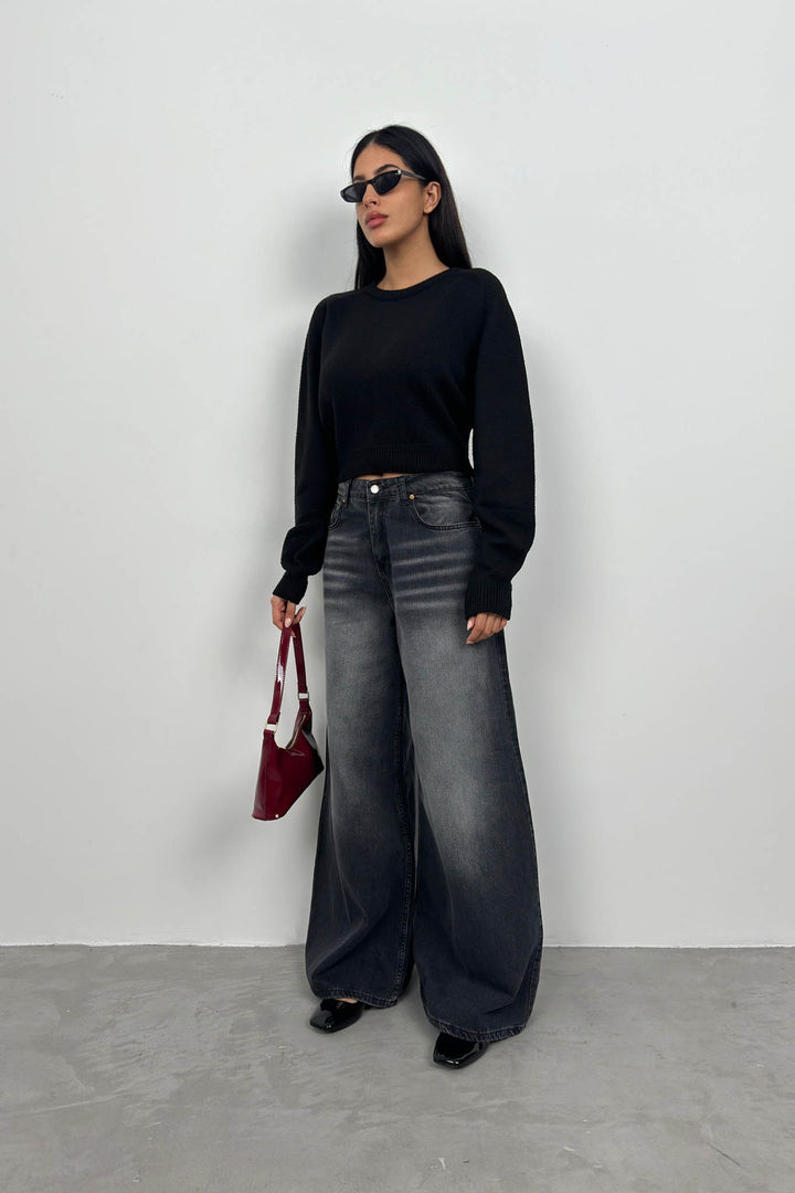 Reglan Kol Siyah Crop Triko Kazak