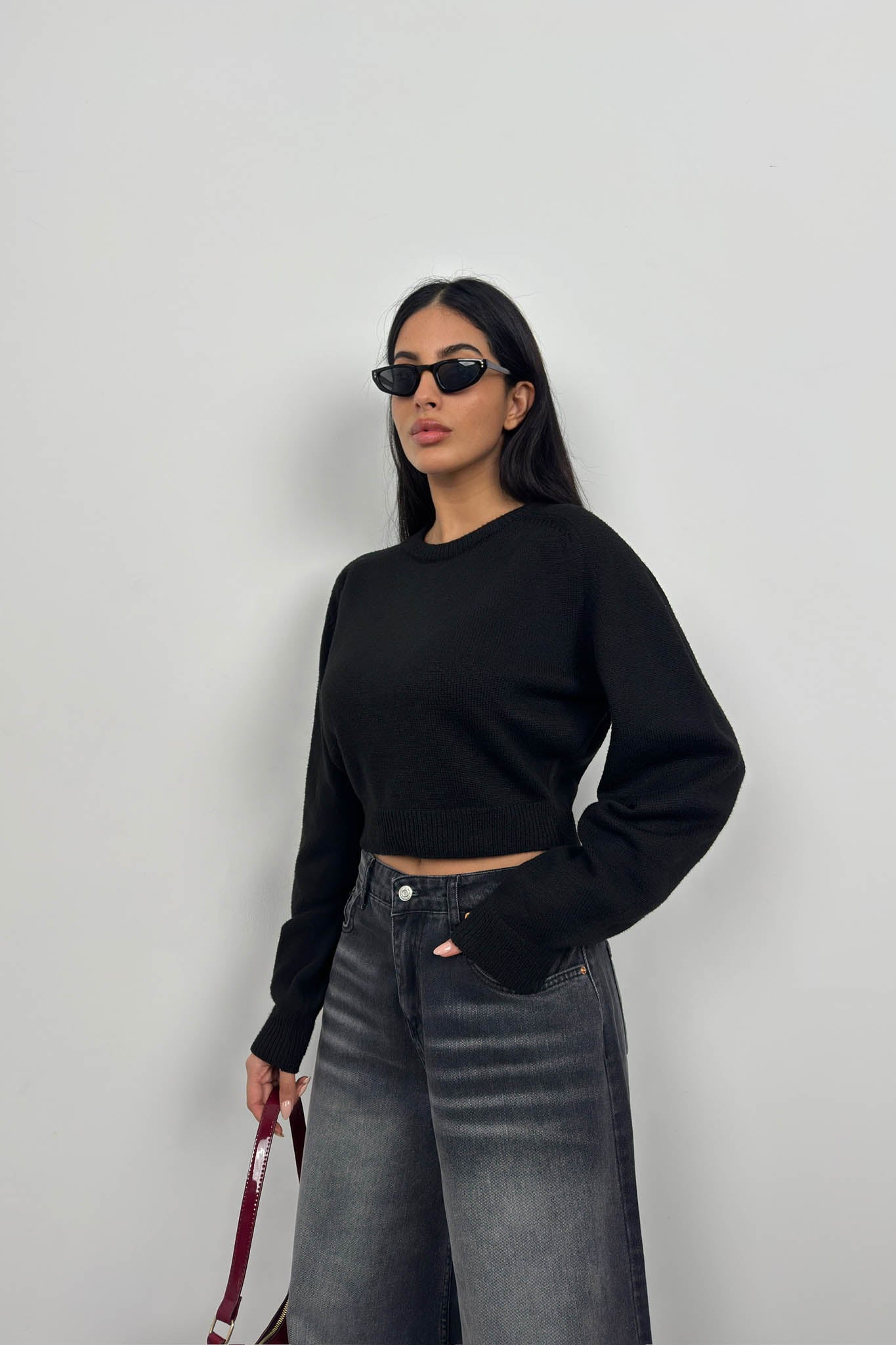 Raglan Sleeve Black Crop Knitwear Sweater 