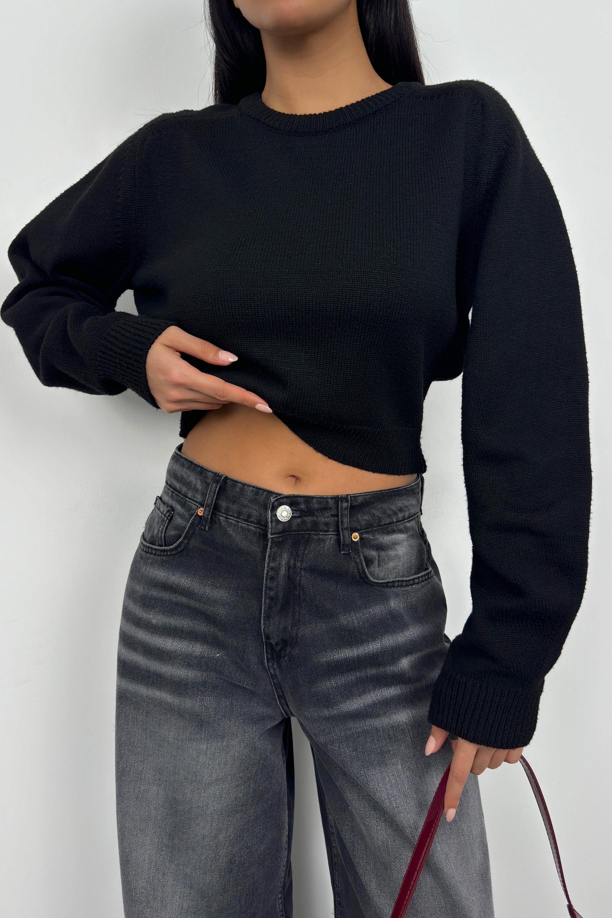 Raglan Sleeve Black Crop Knitwear Sweater 