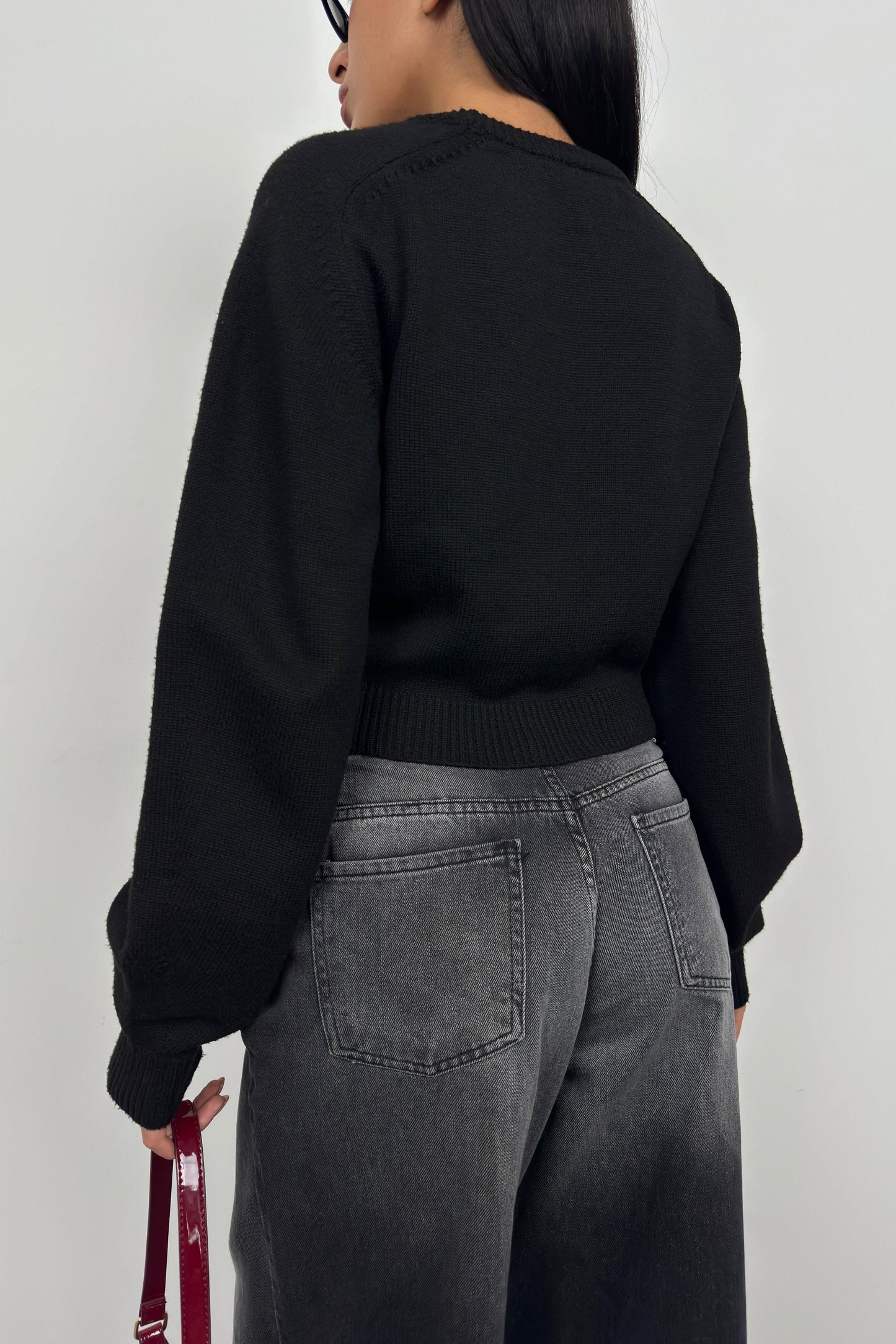 Raglan Sleeve Black Crop Knitwear Sweater 