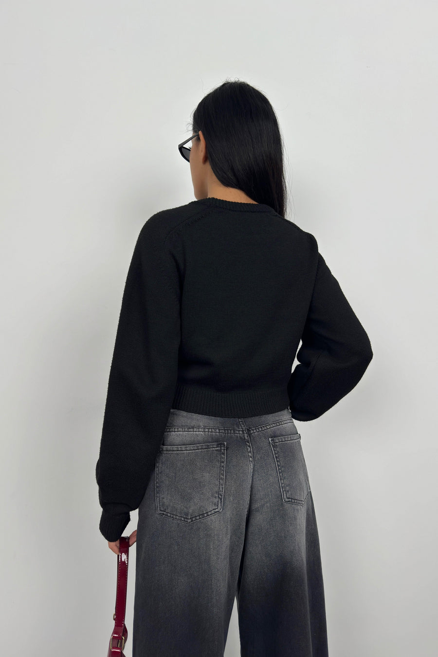 Raglan Sleeve Black Crop Knitwear Sweater 