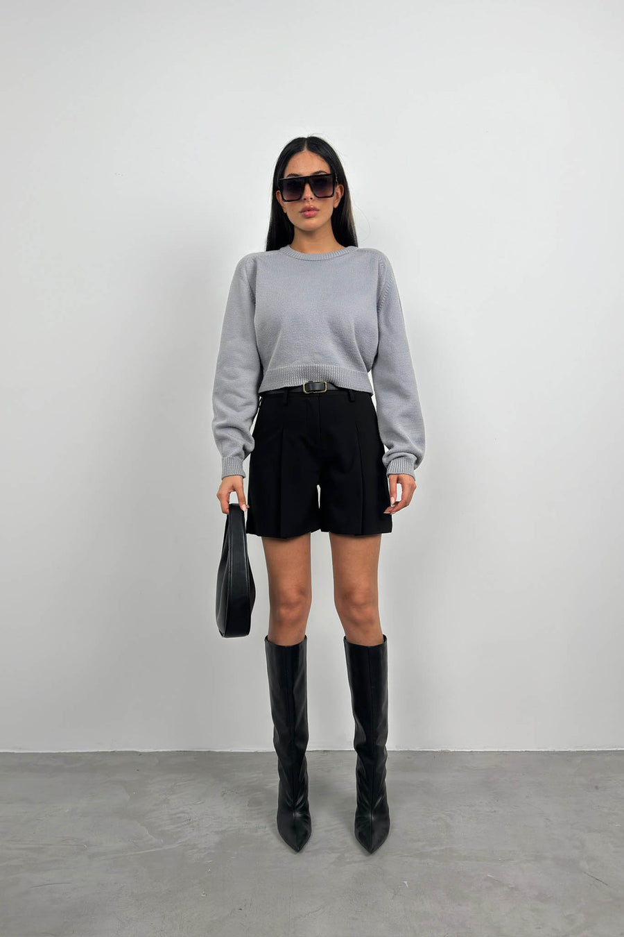 Raglan Sleeve Gray Crop Knitwear Sweater 