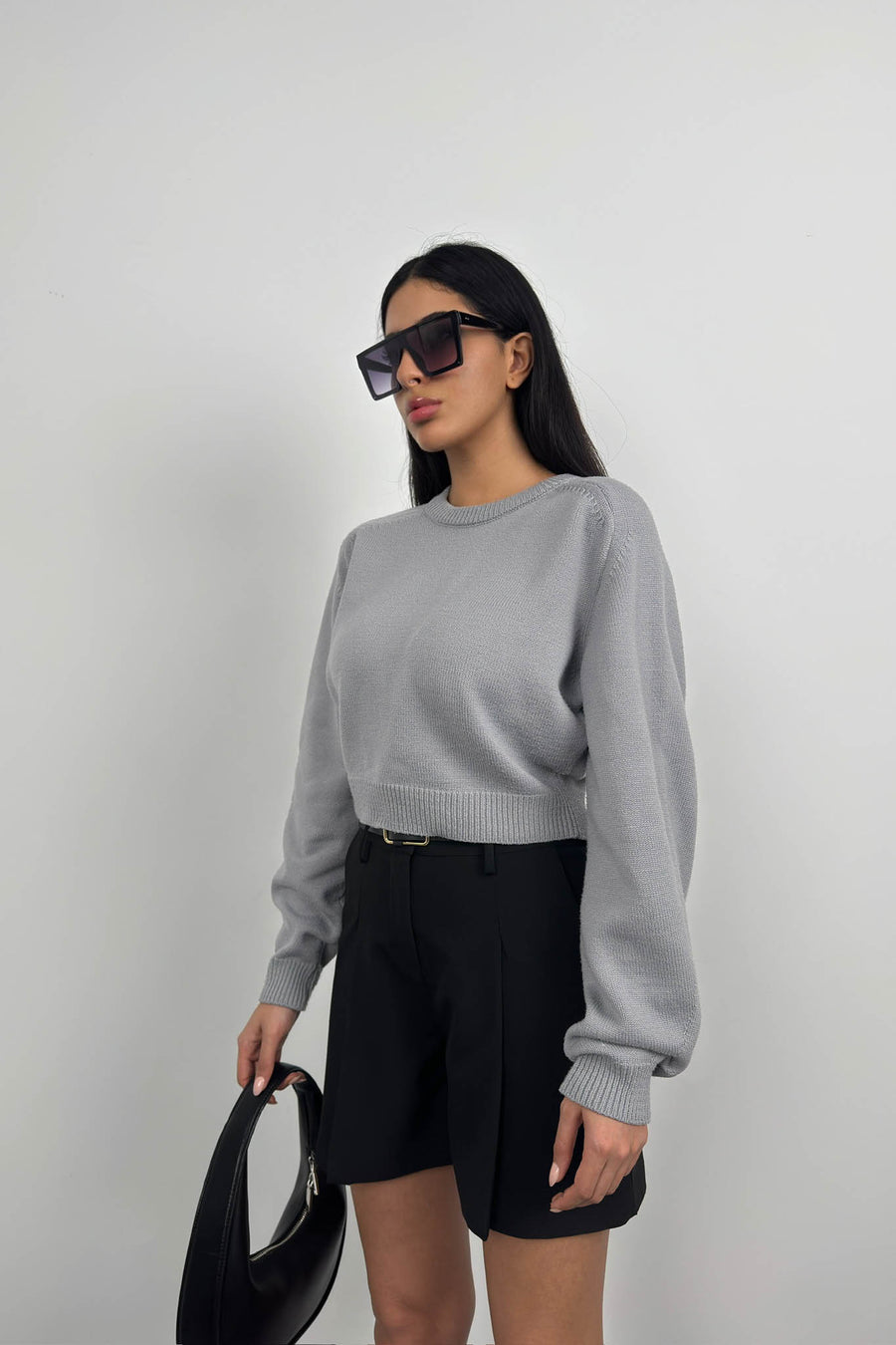 Raglan Sleeve Gray Crop Knitwear Sweater 