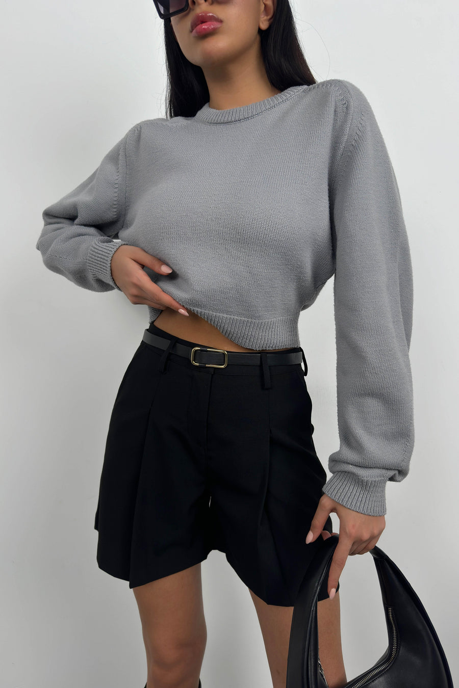 Raglan Sleeve Gray Crop Knitwear Sweater 