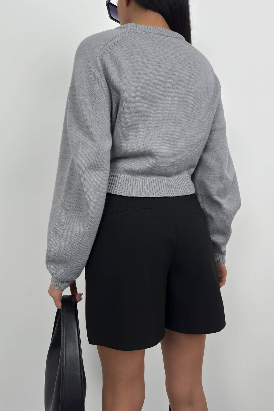 Raglan Sleeve Gray Crop Knitwear Sweater 