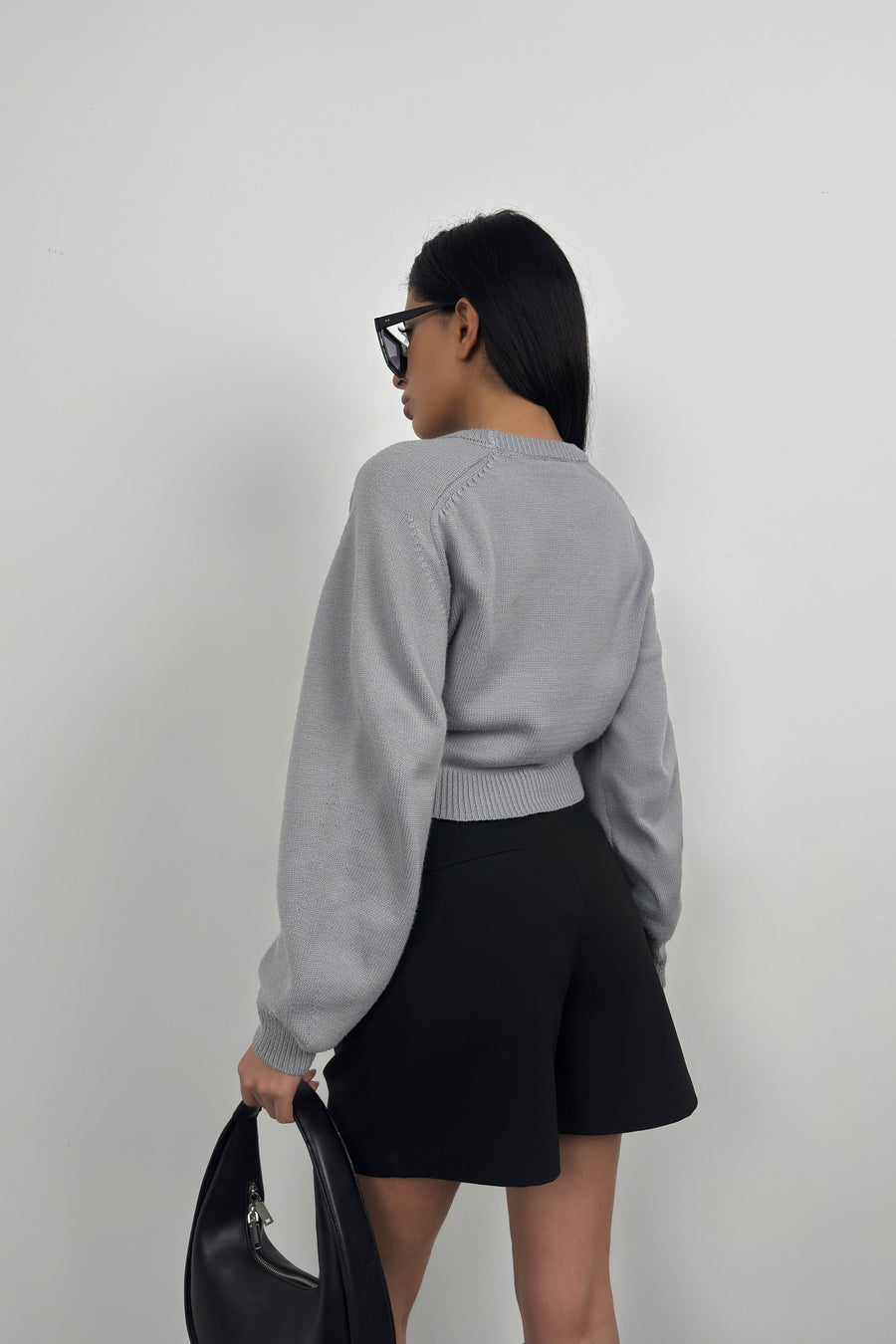 Raglan Sleeve Gray Crop Knitwear Sweater 