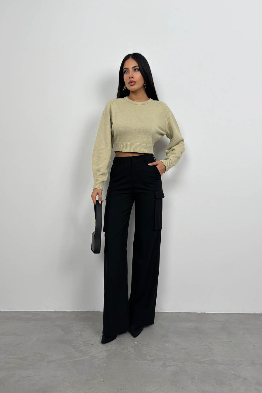 Raglan Sleeve Crop Beige Knitwear Sweater 