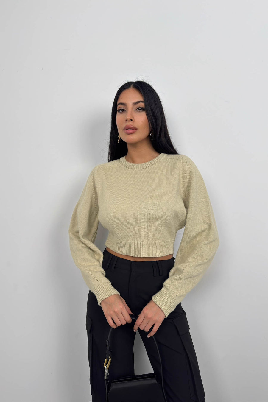 Raglan Sleeve Crop Beige Knitwear Sweater 