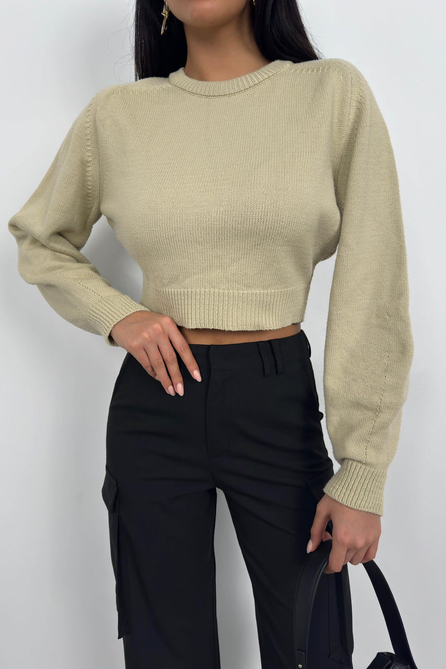 Raglan Sleeve Crop Beige Knitwear Sweater 