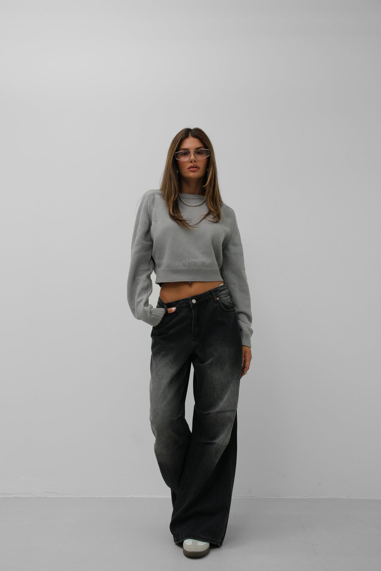 Raglan Sleeve Gray Crop Knitwear Sweater 