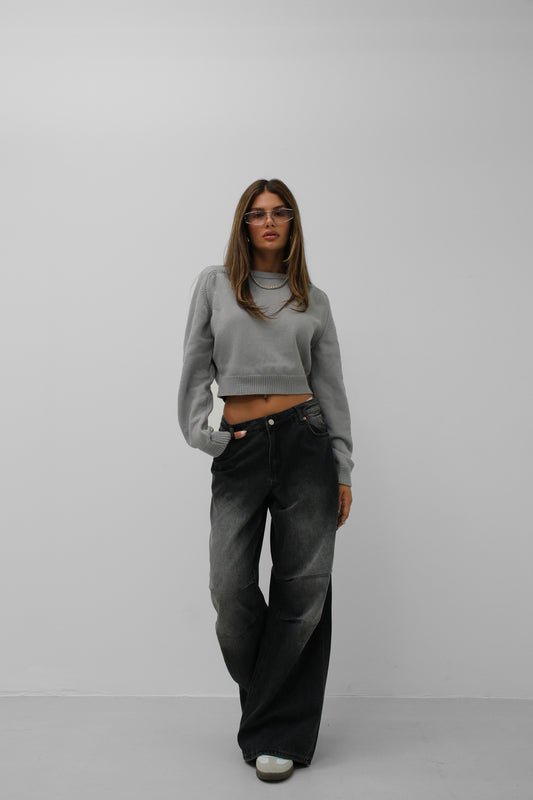 Raglan Sleeve Gray Crop Knitwear Sweater 