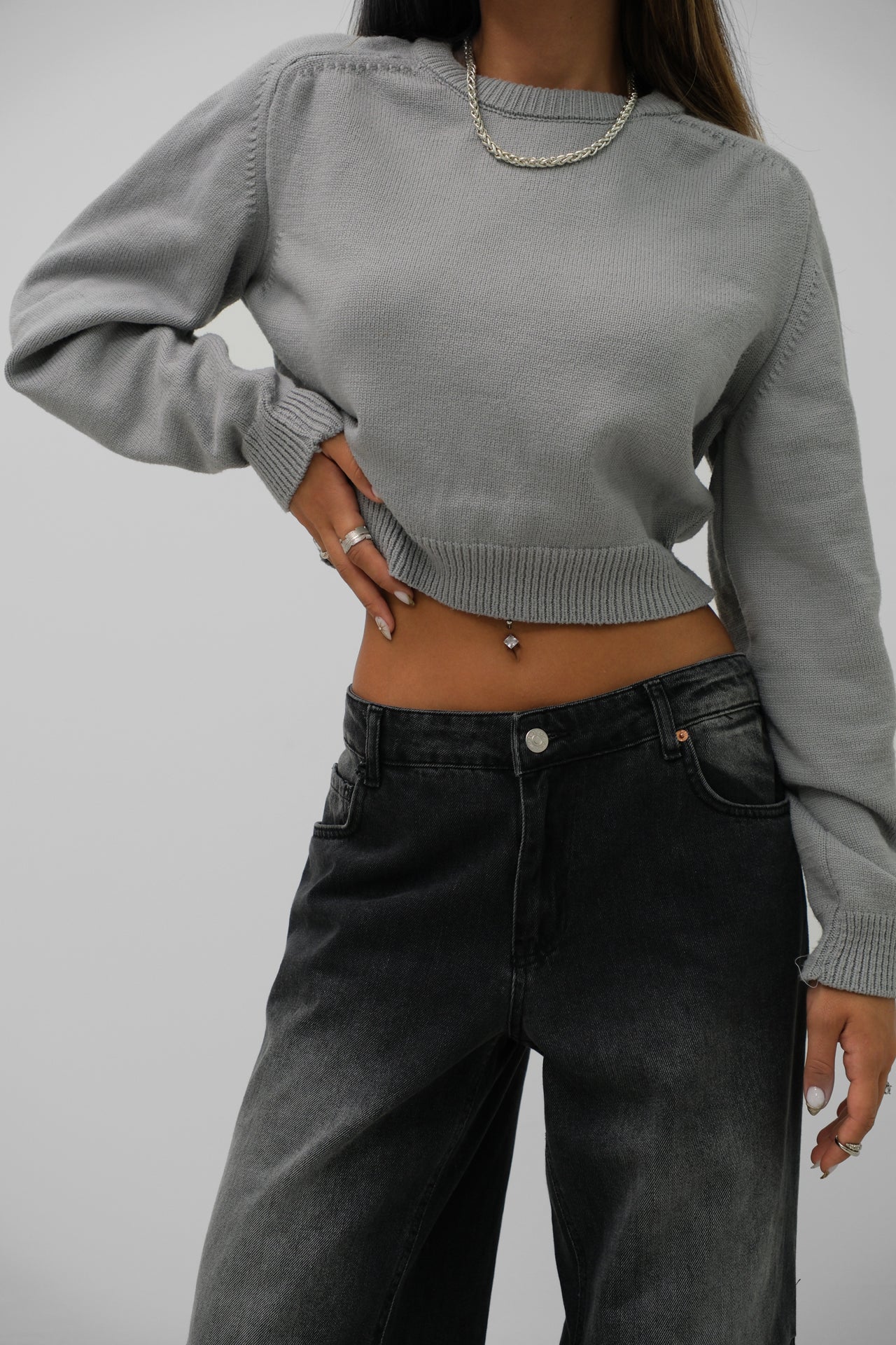 Raglan Sleeve Gray Crop Knitwear Sweater 