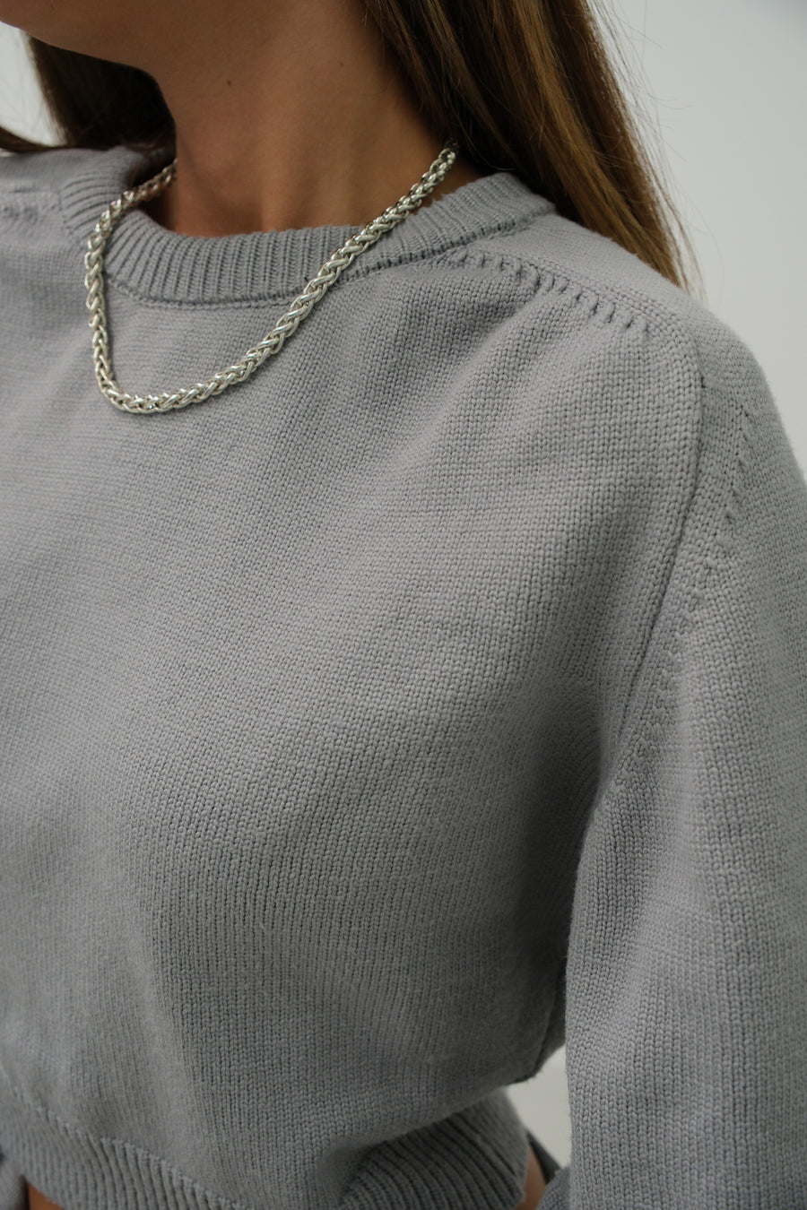 Raglan Sleeve Gray Crop Knitwear Sweater 