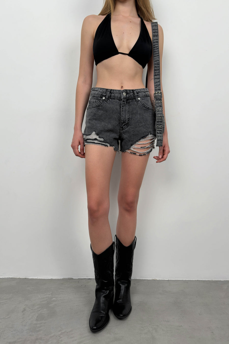 Black Fringed Denim Shorts 