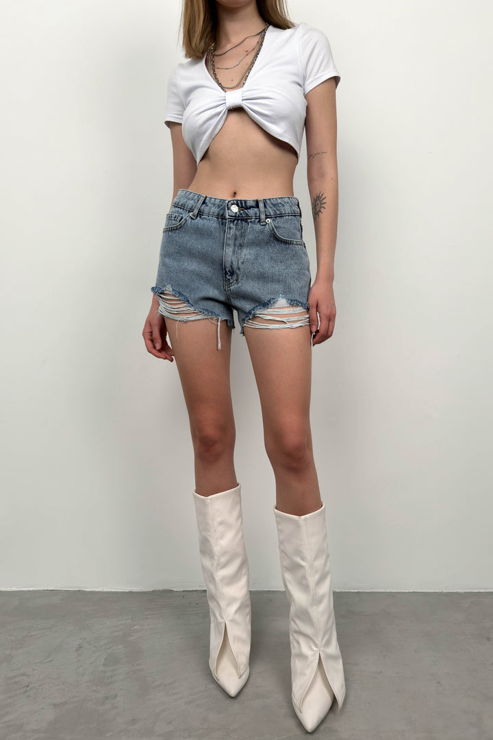 Saçaklı Mavi Kot Şort