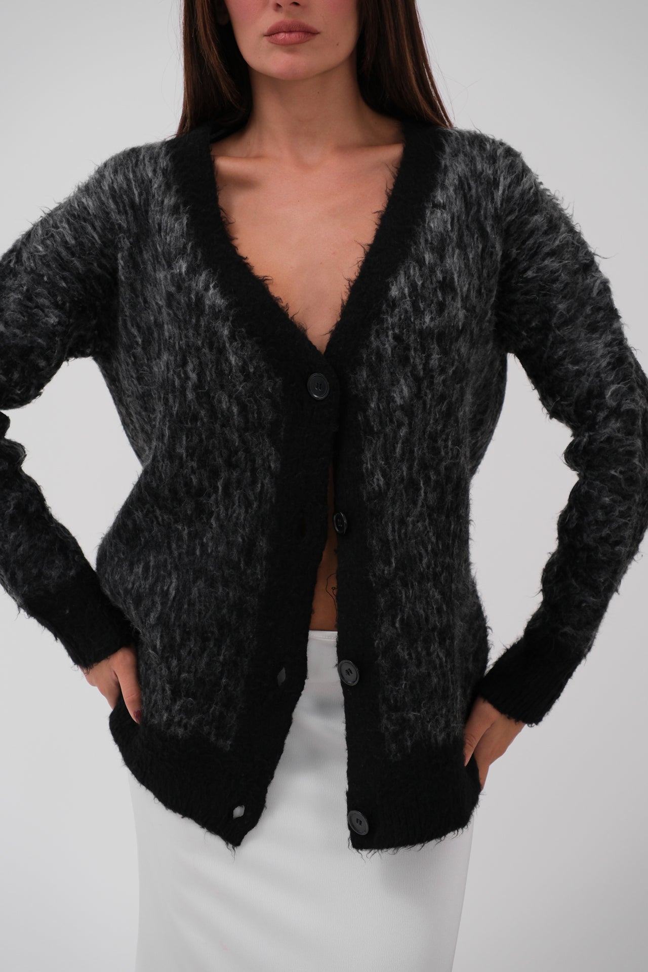 Bearded Contrast Color Dark Grey Knit Cardigan 