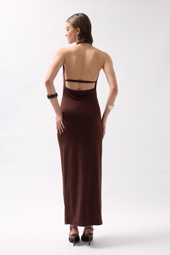 Şal Yaka Dekolte Kahverengi Elbise