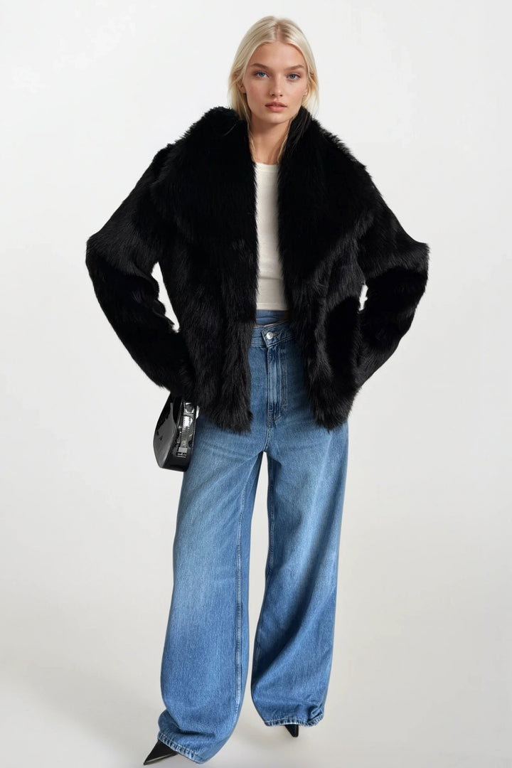 Şal Yaka Peluş Siyah Kürk