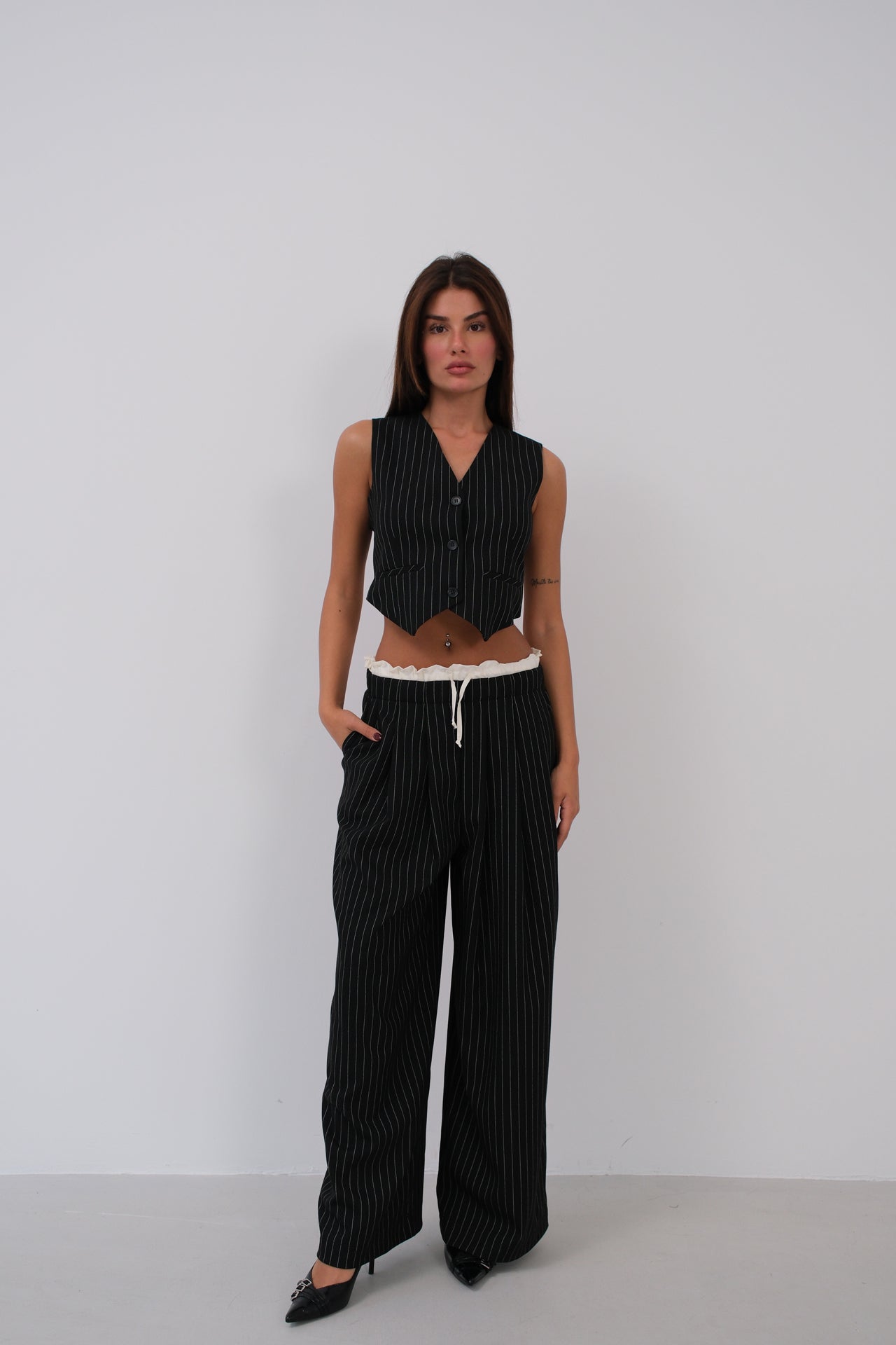 Satin Trim Low Waist Striped Trousers 