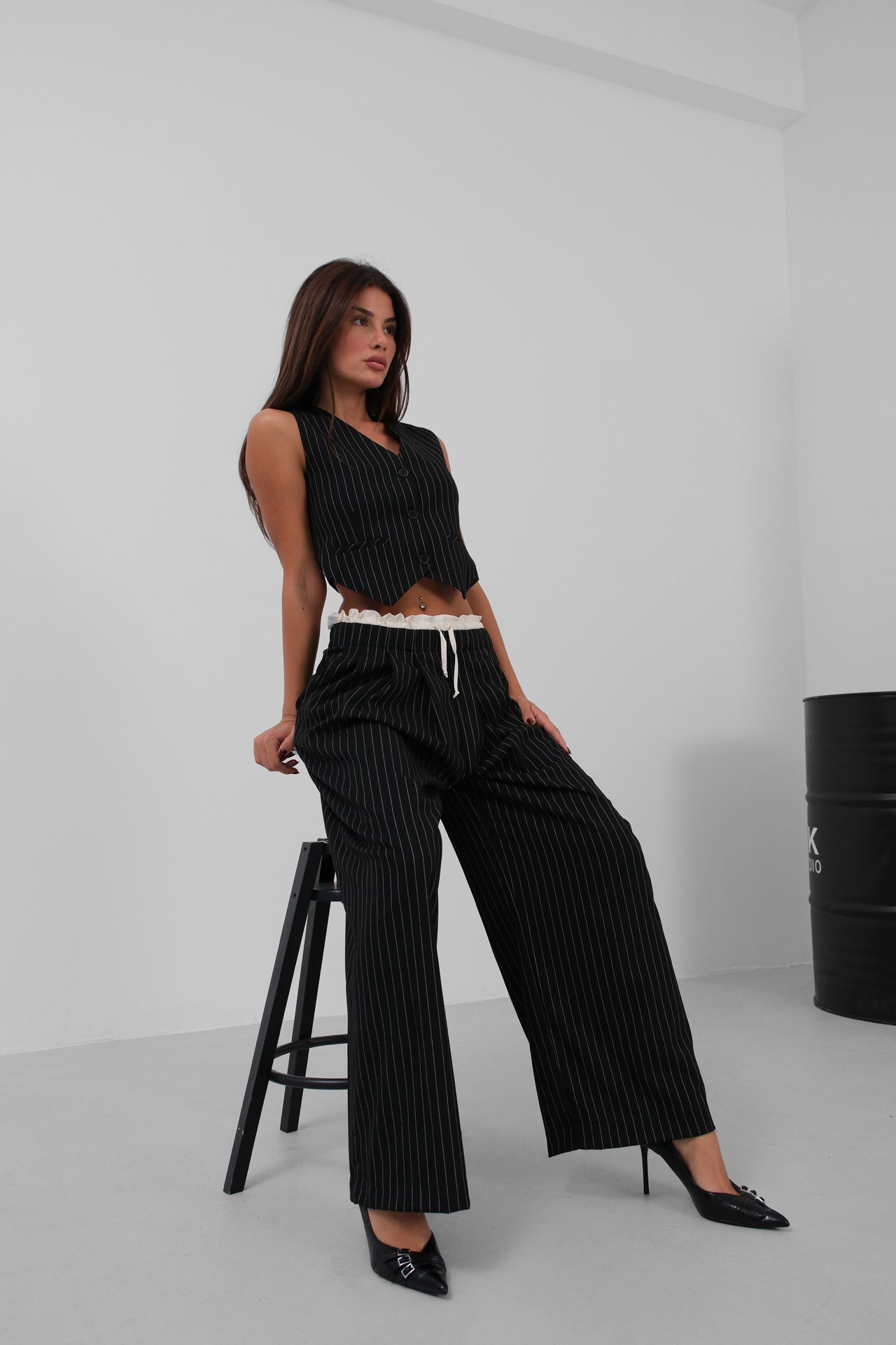 Satin Trim Low Waist Striped Trousers 