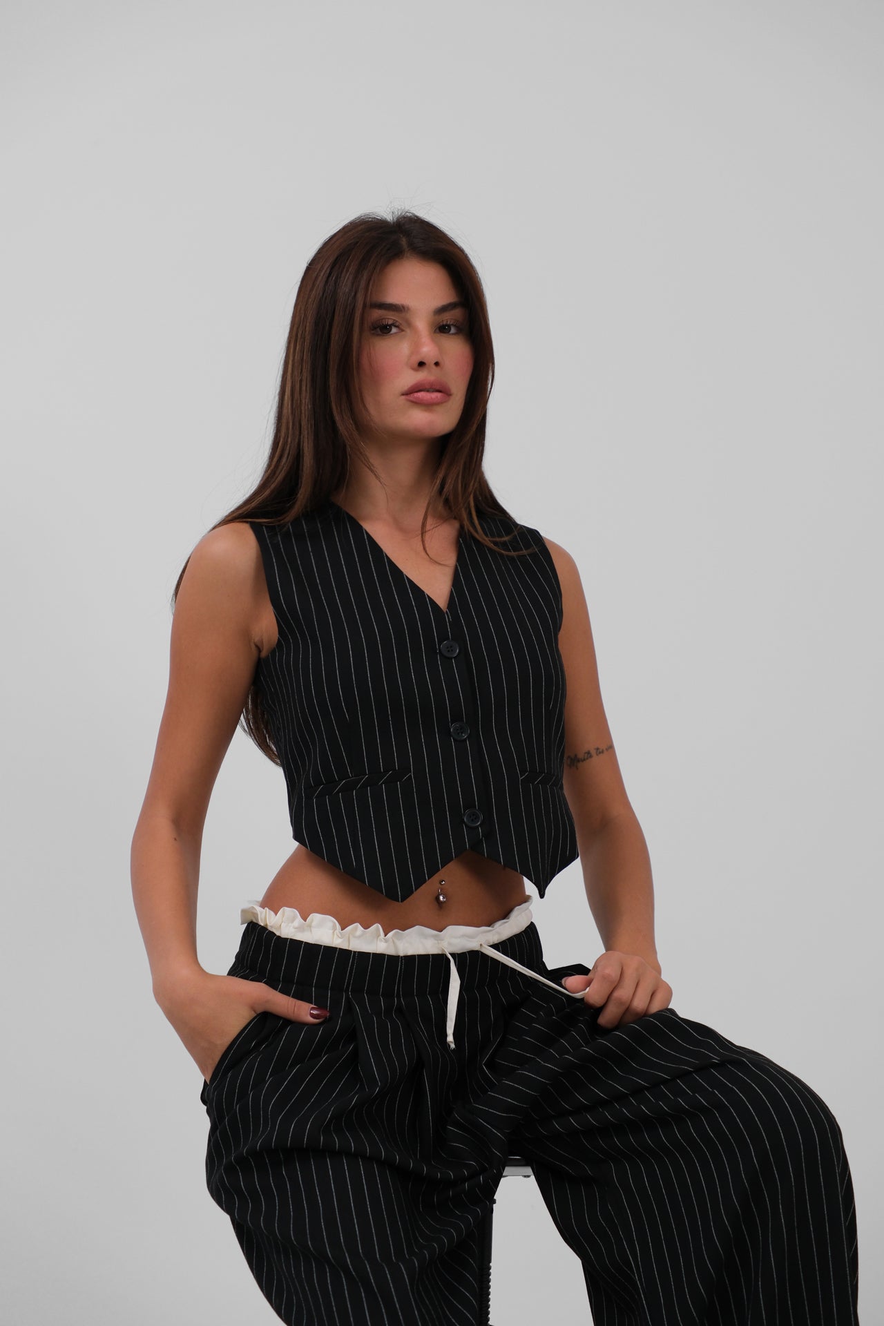 Satin Trim Low Waist Striped Trousers 