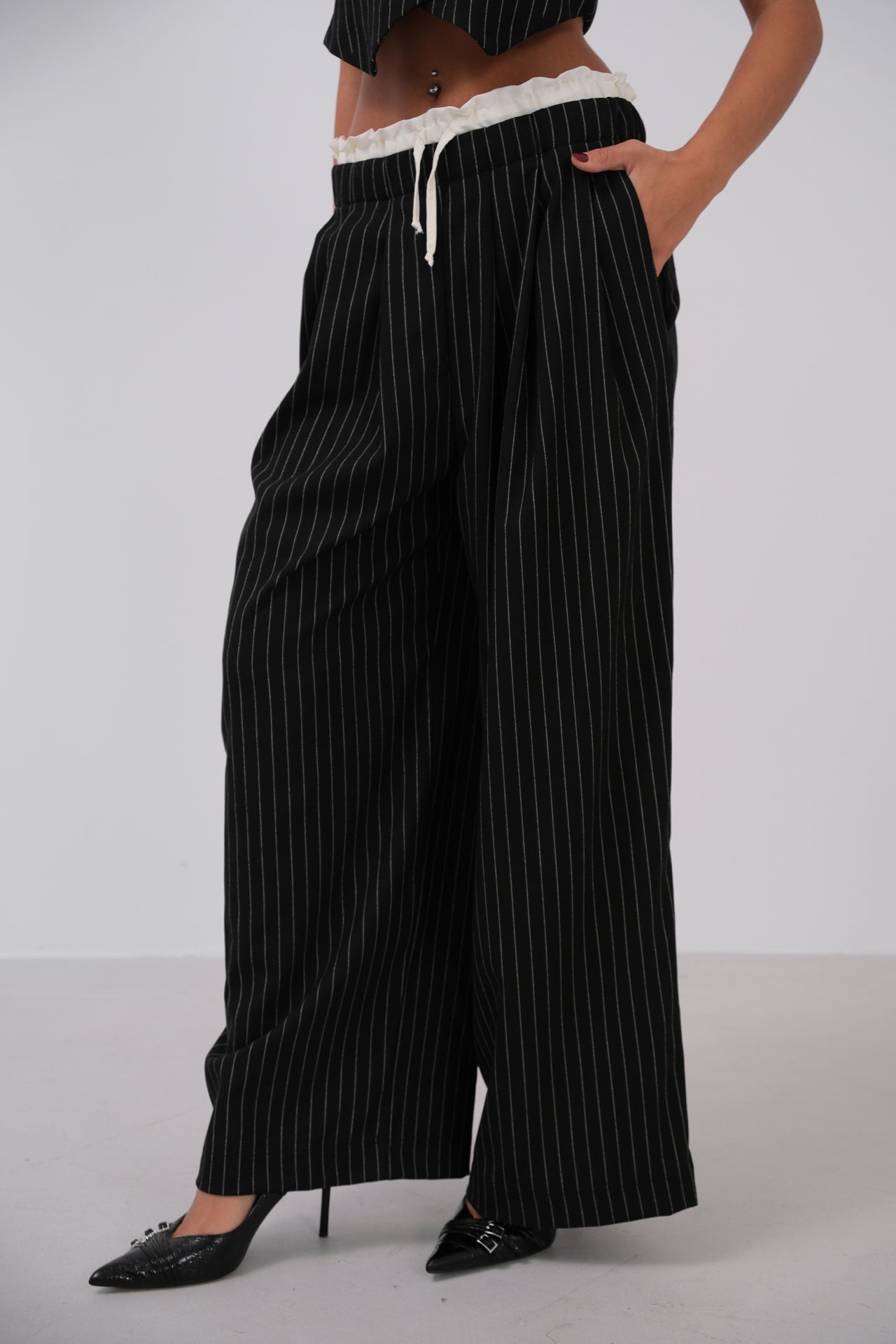 Satin Trim Low Waist Striped Trousers 