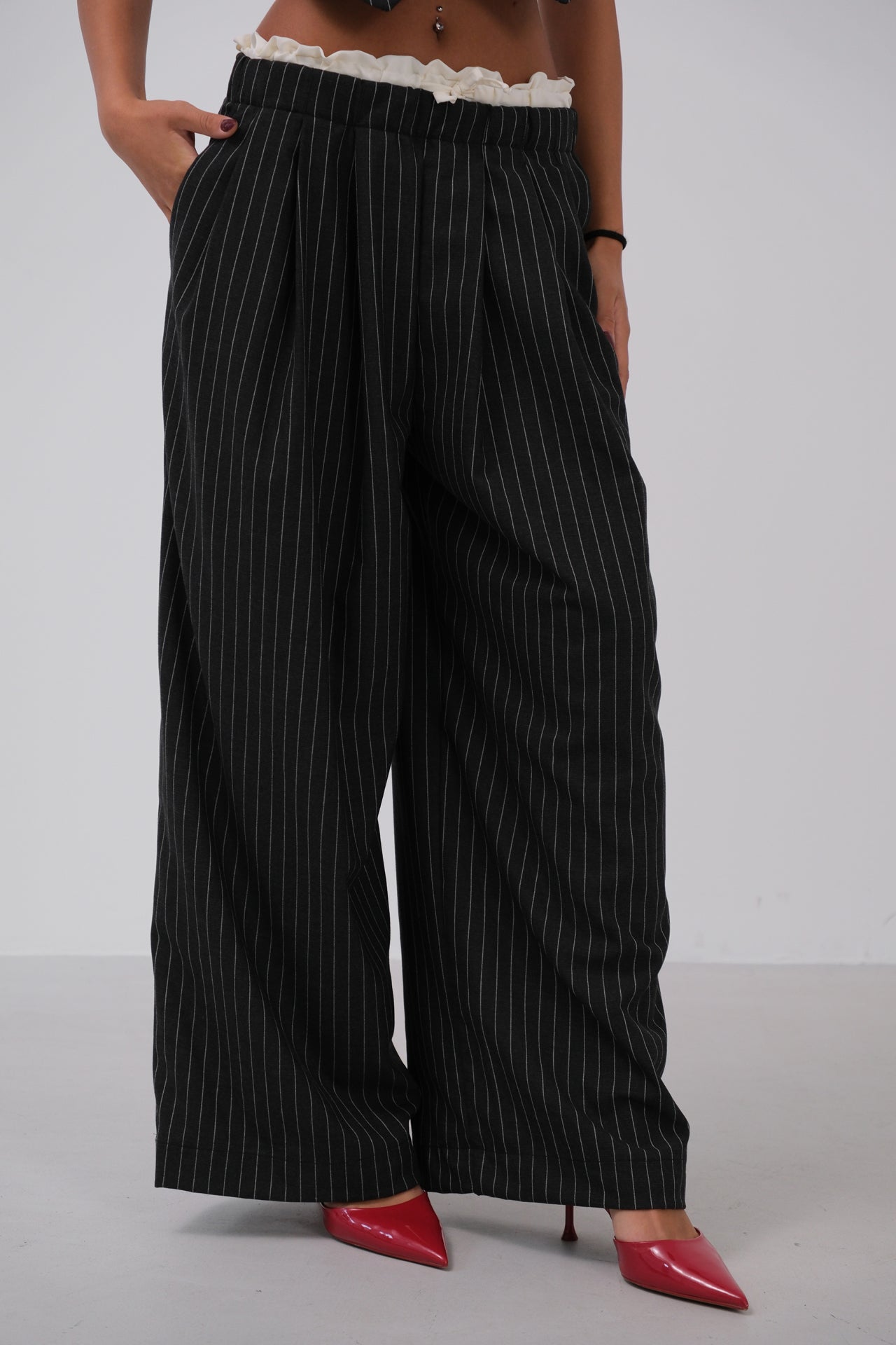 Satin Garnished Low Waist Striped Trousers 