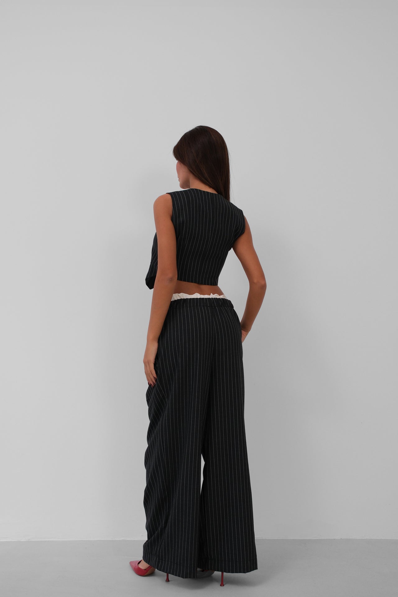 Satin Garnished Low Waist Striped Trousers 