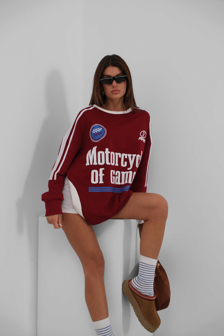 Şerit Detay Baskılı Oversize Bordo Sweatshirt