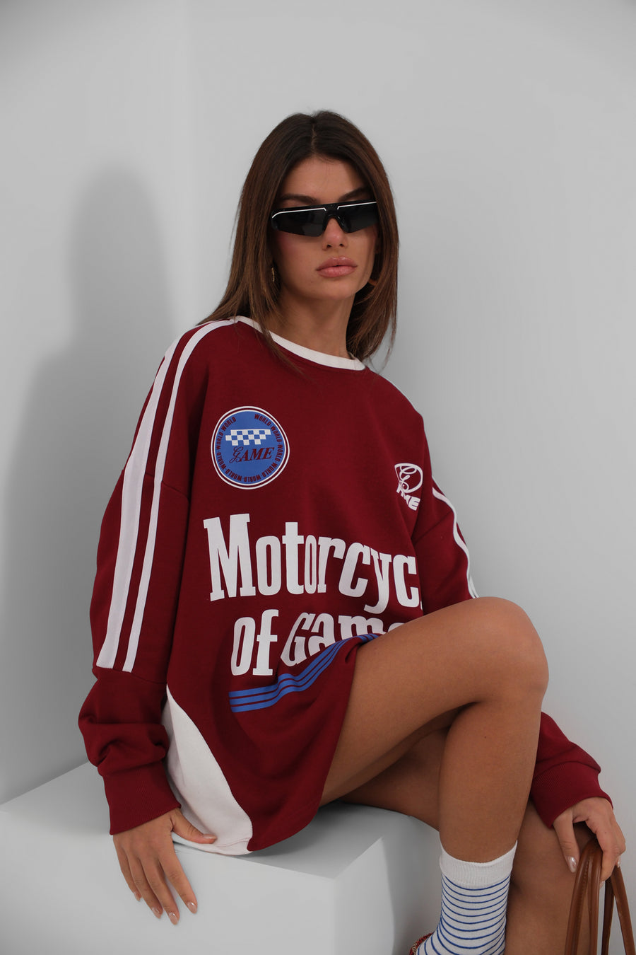 Şerit Detay Baskılı Oversize Bordo Sweatshirt