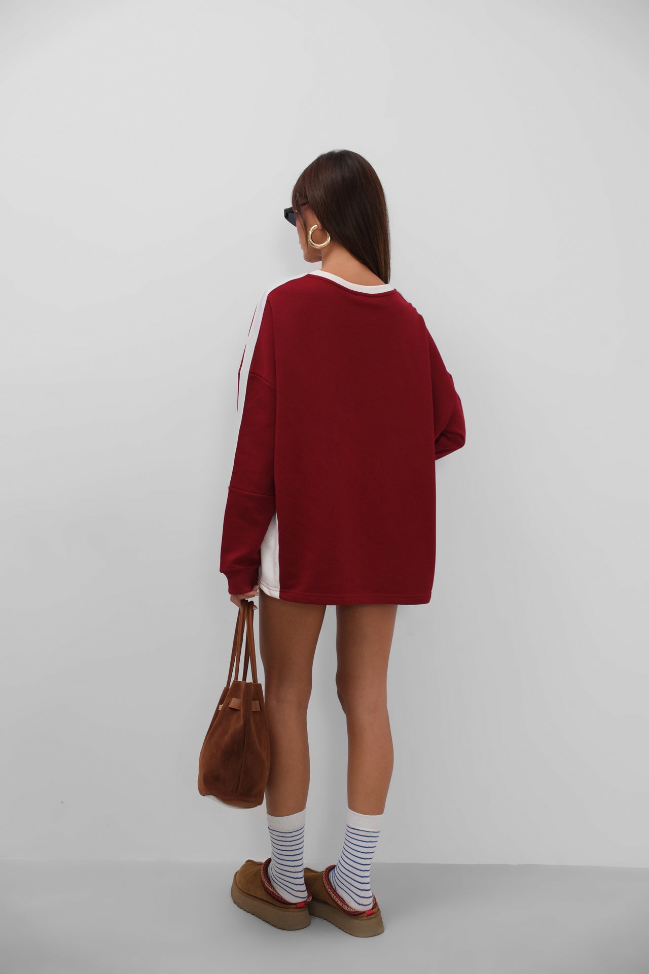 Şerit Detay Baskılı Oversize Bordo Sweatshirt