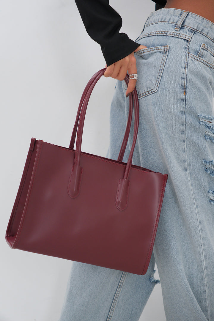 Shopping Leather Dusty Claret Red Bag