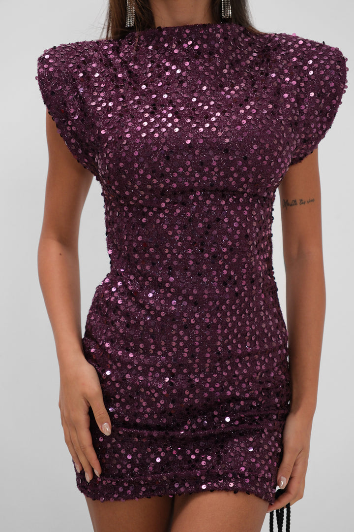 Zero Sleeve Sequined Mini Purple Dress 