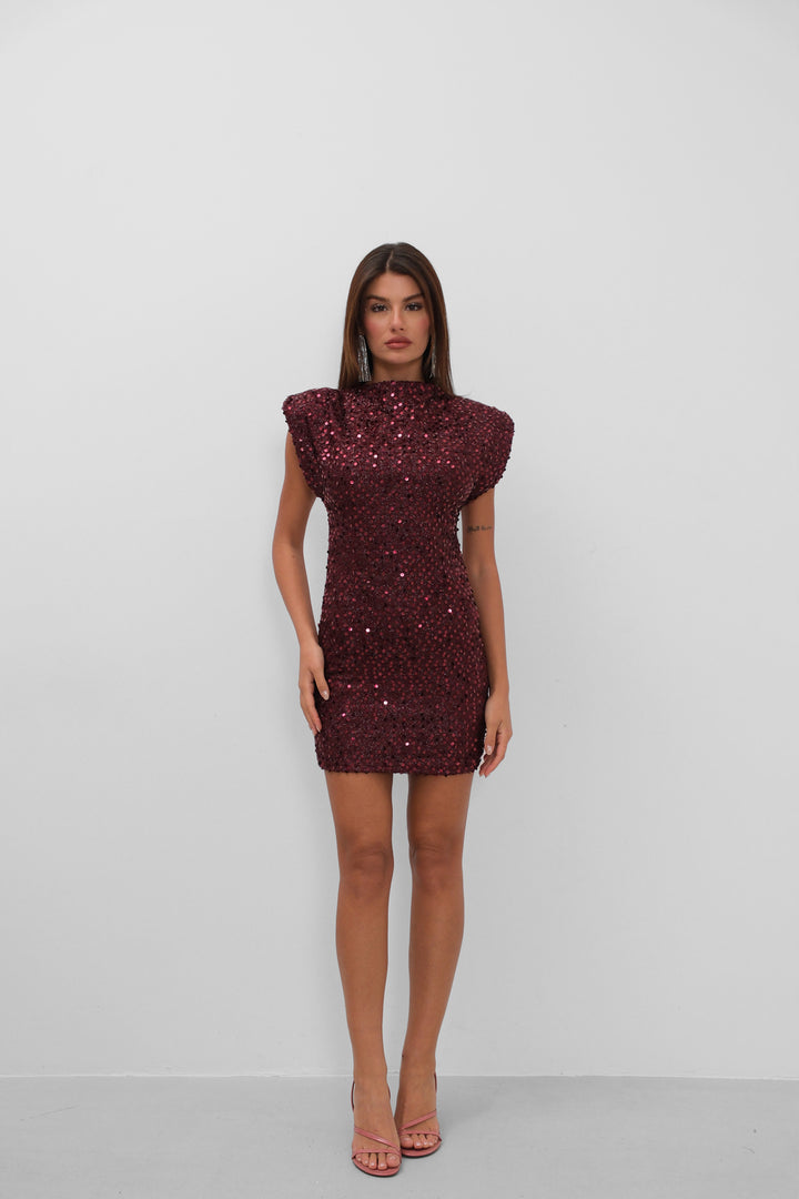 Sıfır Kol Payetli Mini Bordo Elbise