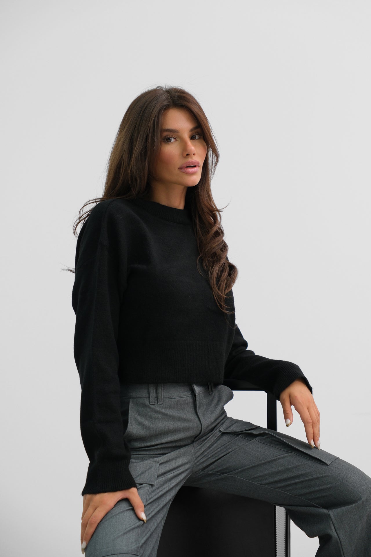 Zero Collar Black Crop Knit Sweater 