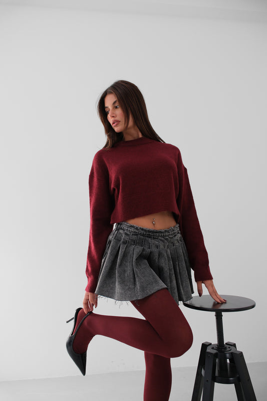 Zero Collar Burgundy Crop Knit Sweater 