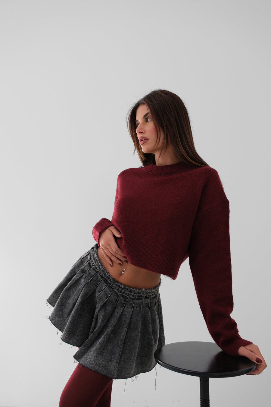 Zero Collar Burgundy Crop Knit Sweater 