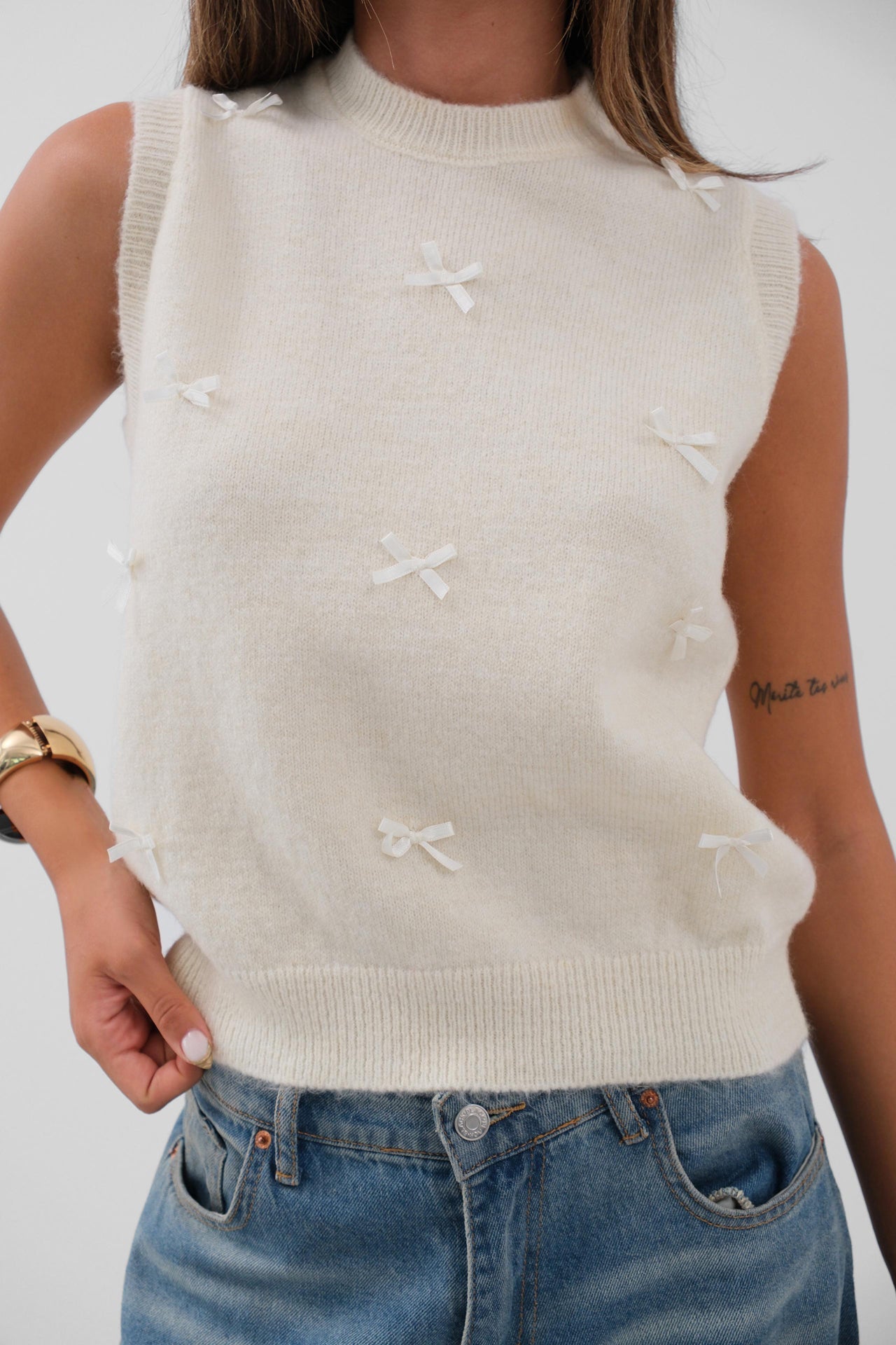 Zero Collar Bow Detailed White Knit Sweater