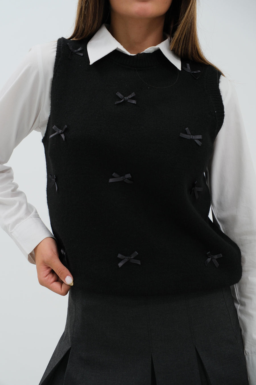 Zero Collar Bow Detailed Black Knit Sweater 