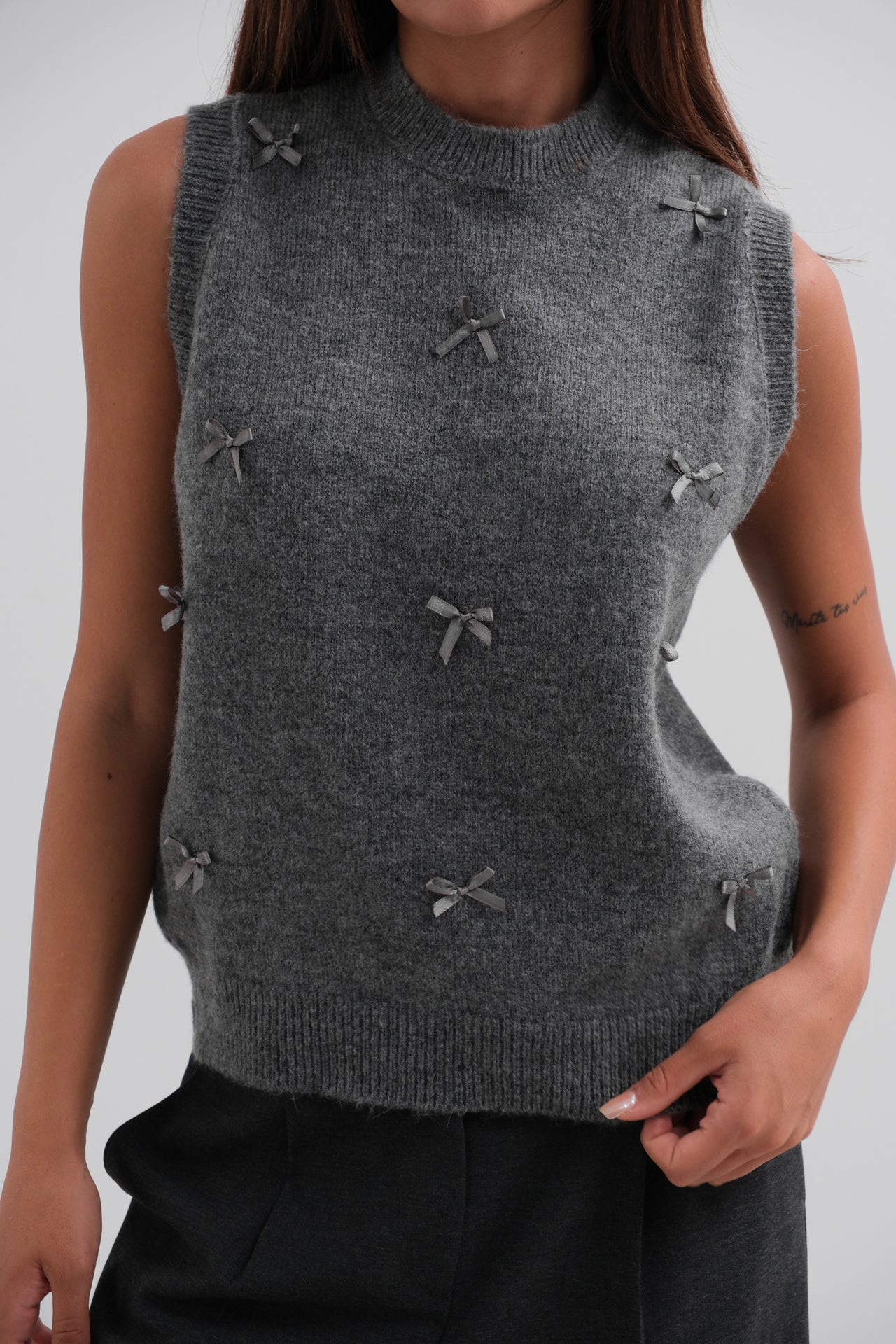 Zero Collar Bow Detailed Gray Knit Sweater