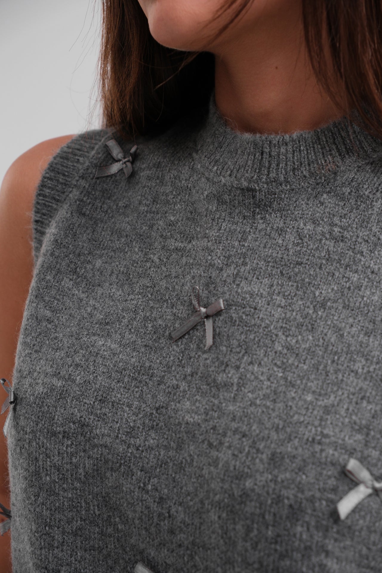 Zero Collar Bow Detailed Gray Knit Sweater