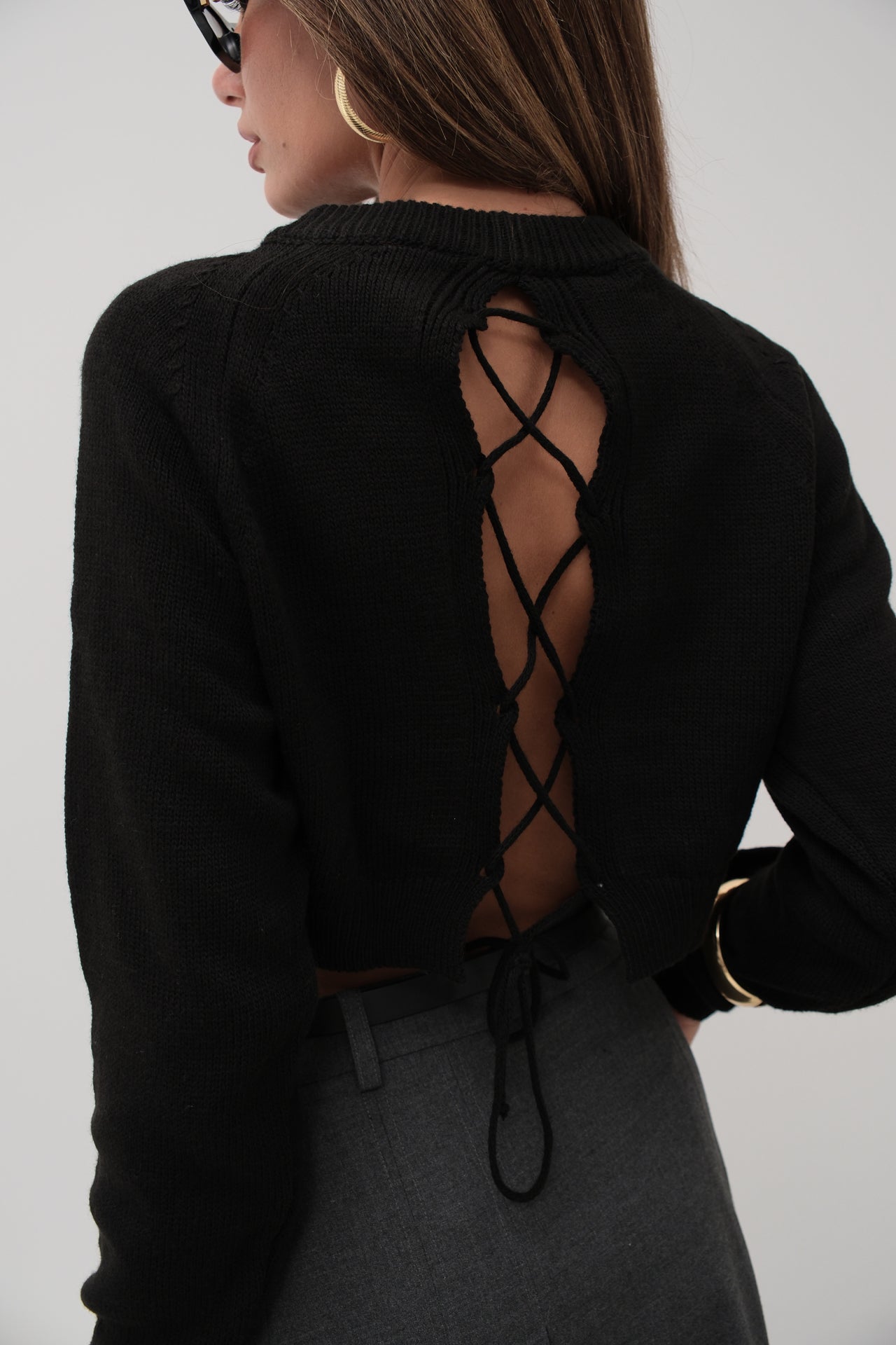 Back Tie Detail Black Sweater 